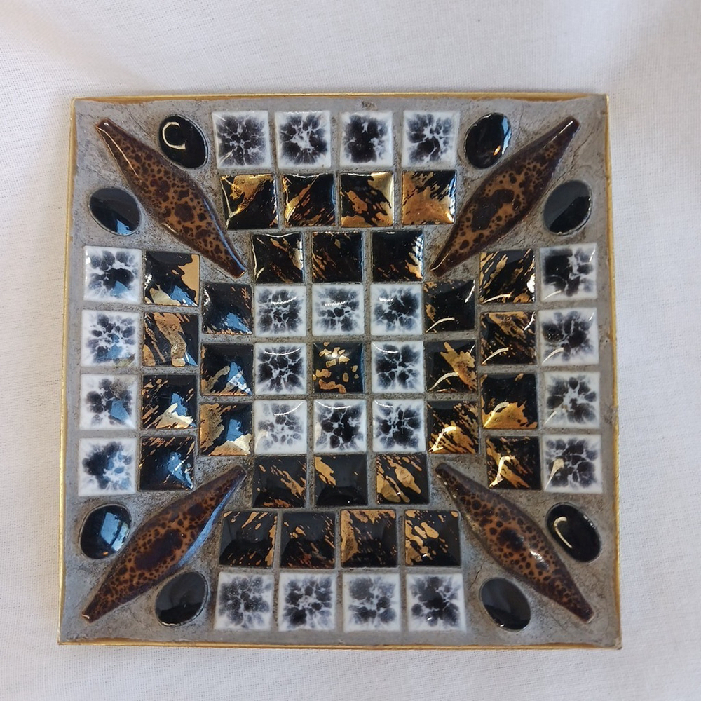 Vintage MCM Tiled Trinket Tray Black Gold Bronze 4 x 4